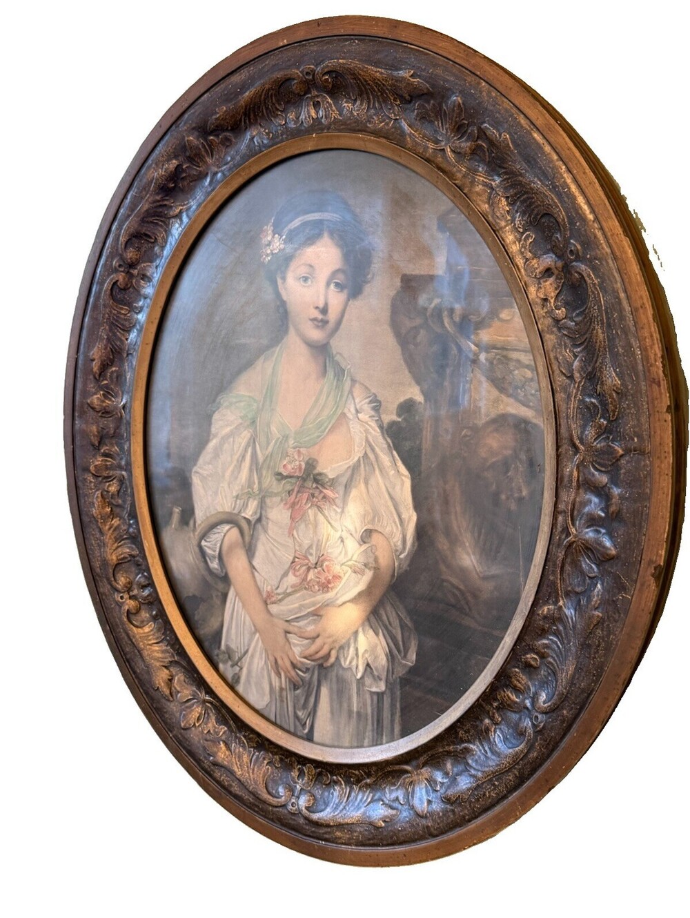 Antique ornate wood Frame & Print “The Broken Pitcher” By Jean-Baptiste Greuze